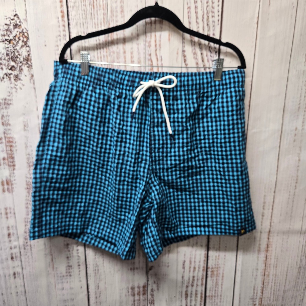 PIOMBO Men Beachwear Swim Trunks XXL Blue Checkered Drawstring Shorts seersucker
